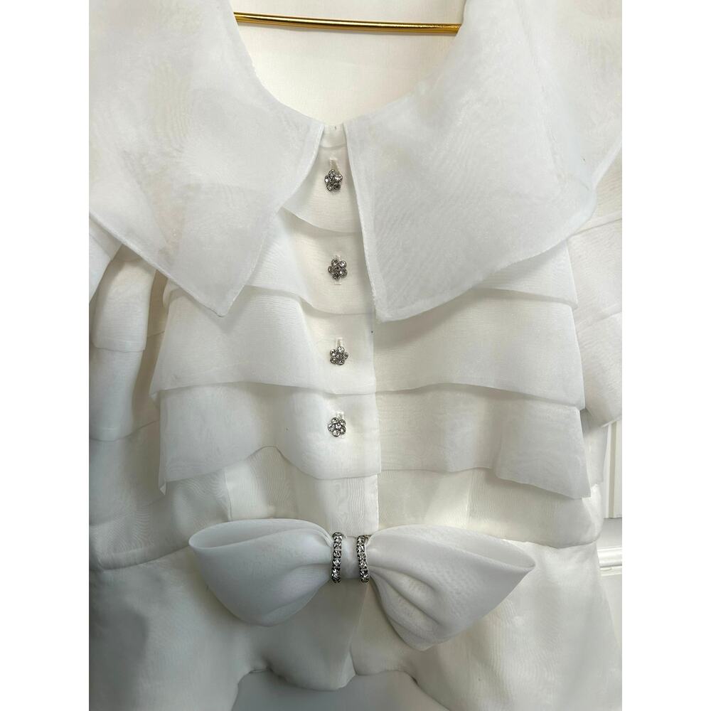 Ann Hobbs Cattiva Organza Tiered Bow Blouse White 80s Union Made USA Women XS - Picture 10 of 13